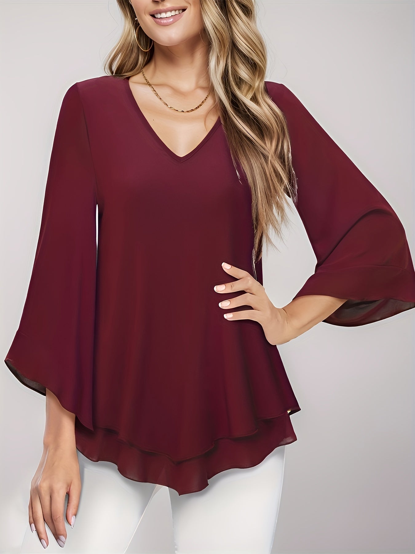 Solid Color V Neck Blouse, Casual Double-layer Mesh Long Sleeve Blouse For Spring & Fall, Women's Clothing