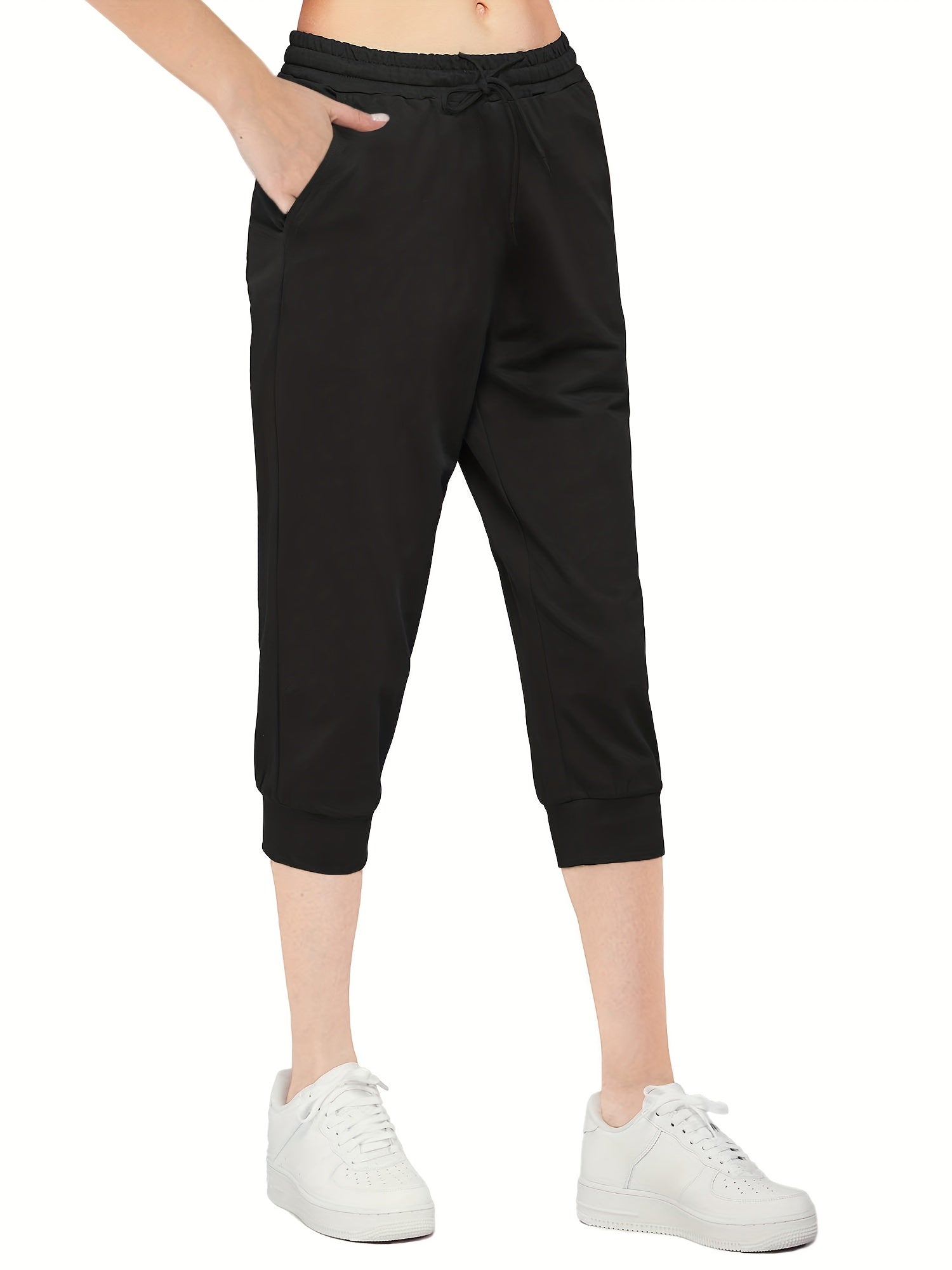 Womens Solid Cropped Jogger Pants - Comfortable Cotton Blend, Elastic Drawstring, Slant Pockets - Fashion-Forward Casual Wear