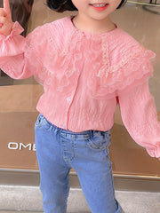 Girls Charming Lace Blouse with Sweet Collar - Long Sleeve Spring & Summer Tops - Adorable Casual Wear for Stylish Girls