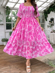 Plus Size Romantic Dress, Women's Plus Floral Print Shirred Butterfly Sleeve Square Neck Smock Maxi Dress