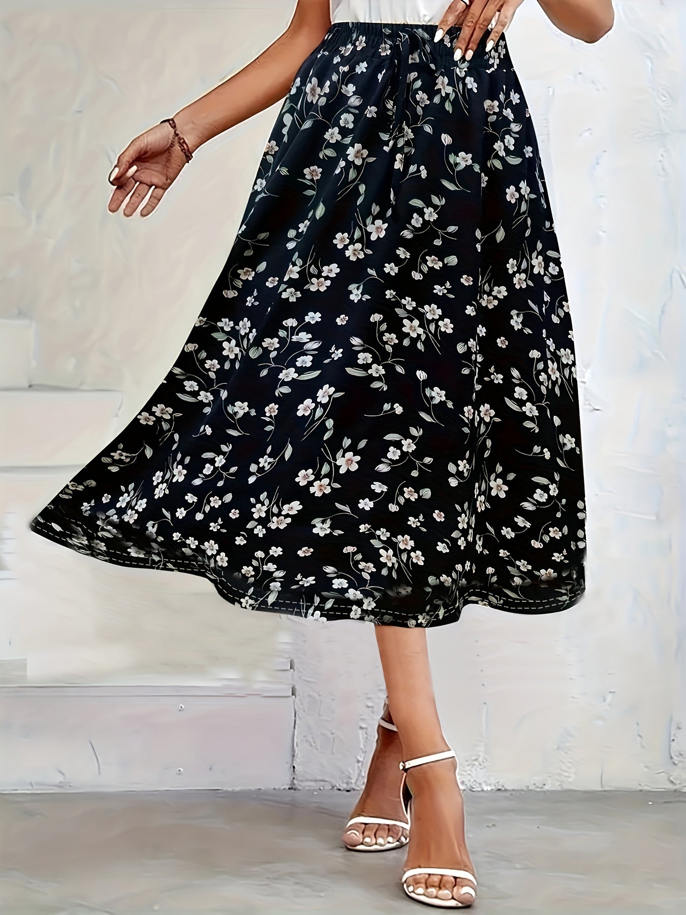 Plus Size Floral Print Swing Midi Skirt, Vacation Style High Waist Skirt For Spring & Summer, Women's Plus Size Clothing