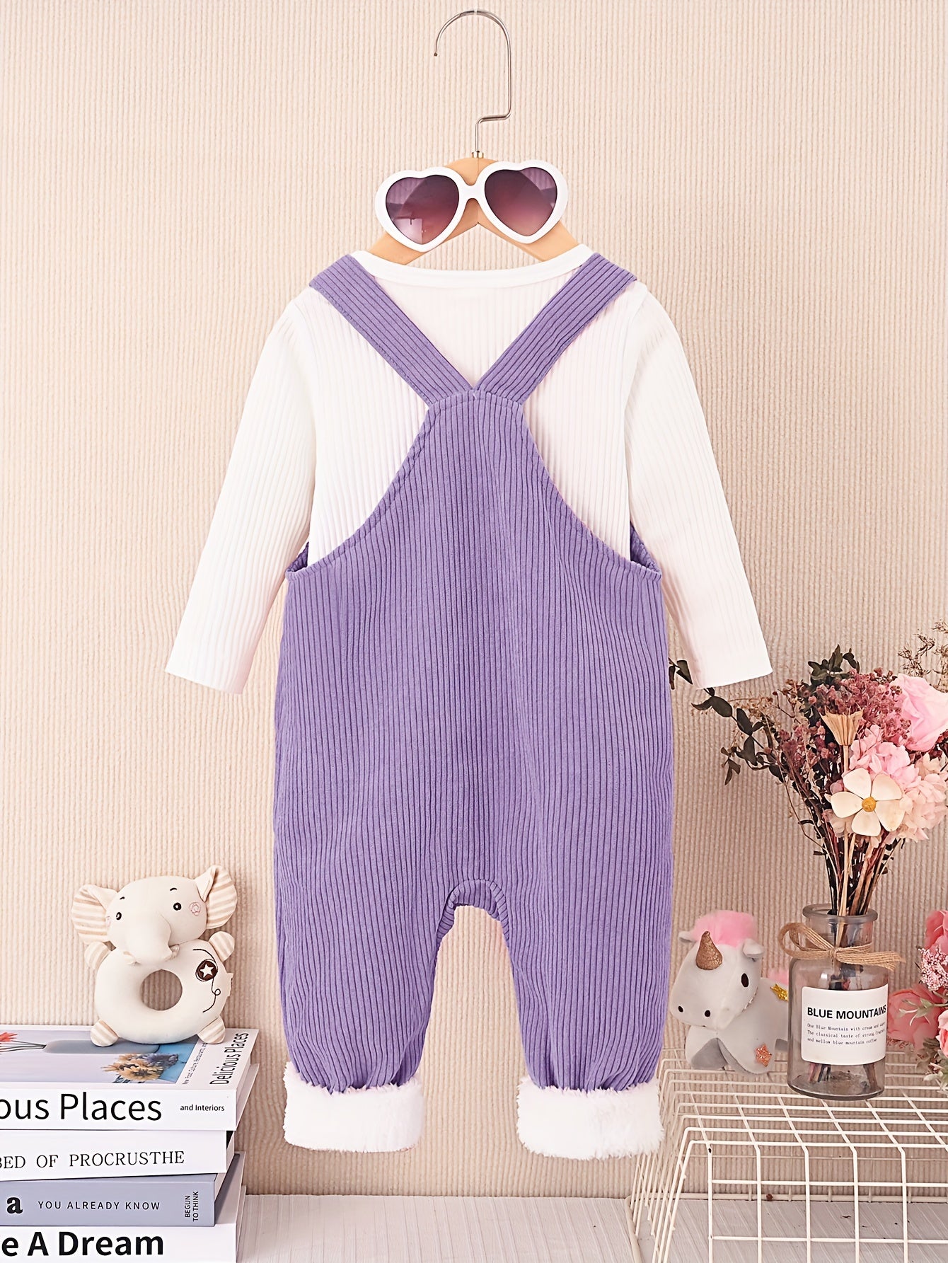 2pcs Baby's Bow Decor Elephant Embroidery Corduroy Overalls + Ribbed Long Sleeve Top, Toddler & Infant Girl's Clothing Set For Spring Fall