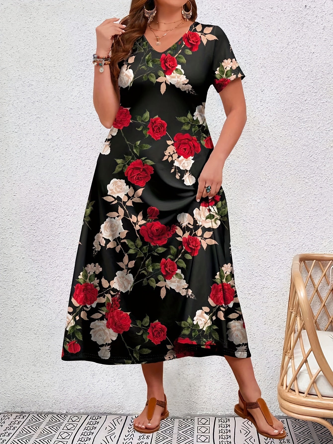 Plus Size Floral Print Dress, Vacation Style Short Sleeve V Neck Long Length Dress For Spring & Summer, Women's Plus Size Clothing