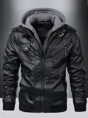 Mens Fashionable Hooded Jacket - Faux Leather, Utility Pockets, Versatile for All Seasons