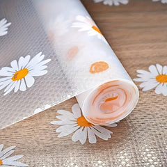 Anti-Bacterial Plastic Shelf Liner Roll – Washable & Recyclable Drawer Mat, Multi-Purpose Cabinet Non-Adhesive Grip Pad for Kitchen, Fridge, Table with Daisy Design (1 Roll)