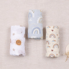 3pcs Rainbow Sun Pattern Soft Bamboo Cotton Baby Muslin Wrap Swaddle Blankets