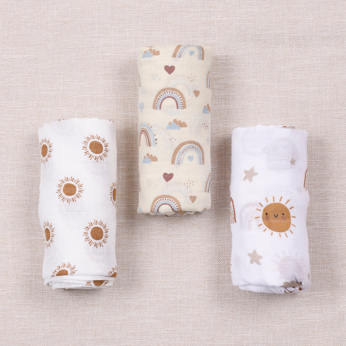 3pcs Soft Bamboo Cotton Baby Muslin Swaddle Blankets - Small Sun Rainbow Series Pattern - Adorable, Hypoallergenic, Breathable for Ultimate Comfort - Perfect for Swaddling, Cuddling & Nursing