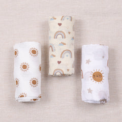 3pcs Soft Bamboo Cotton Baby Muslin Swaddle Blankets - Small Sun Rainbow Series Pattern - Adorable, Hypoallergenic, Breathable for Ultimate Comfort - Perfect for Swaddling, Cuddling & Nursing