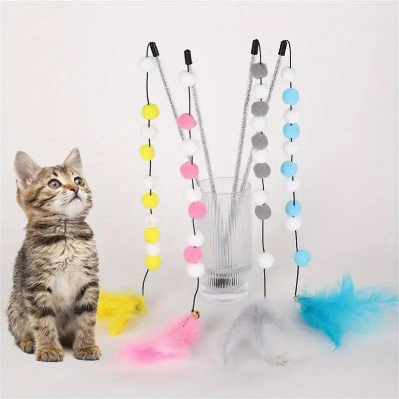 Pompom Cat Toys, 1pc Interactive Stick Feather Toys, Kitten Teasing Durable Playing Plush Ball Pet Supplies For Cat Exercise - Kerala Elegance