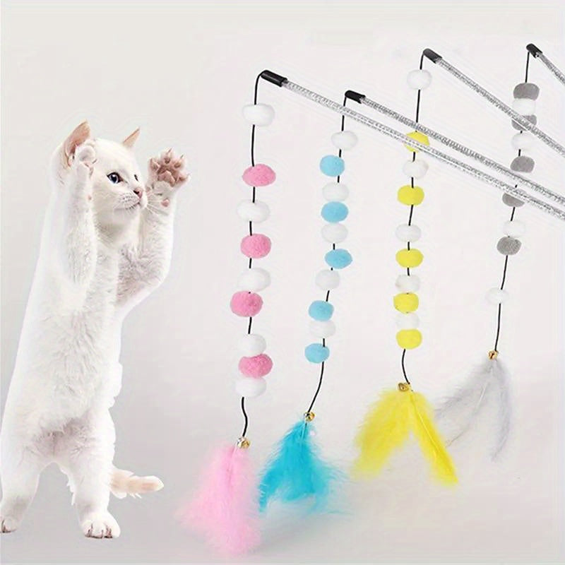 Pompom Cat Toys, 1pc Interactive Stick Feather Toys, Kitten Teasing Durable Playing Plush Ball Pet Supplies For Cat Exercise - Kerala Elegance