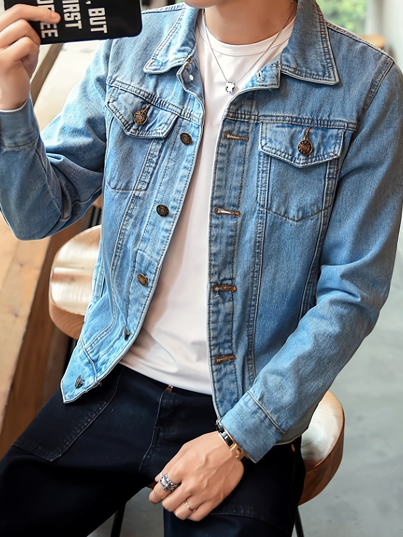 Men's Casual Denim Jacket, Spring/Autumn Fashion Outerwear, Slim Fit Jean Motorcycle Jacket, Trendy Versatile Streetwear