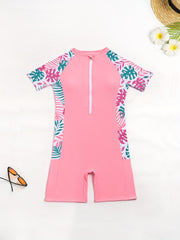 Girls Splicing Short Sleeve 1-piece Swimwear Bathing Suit Summer Beach Vacation Gift