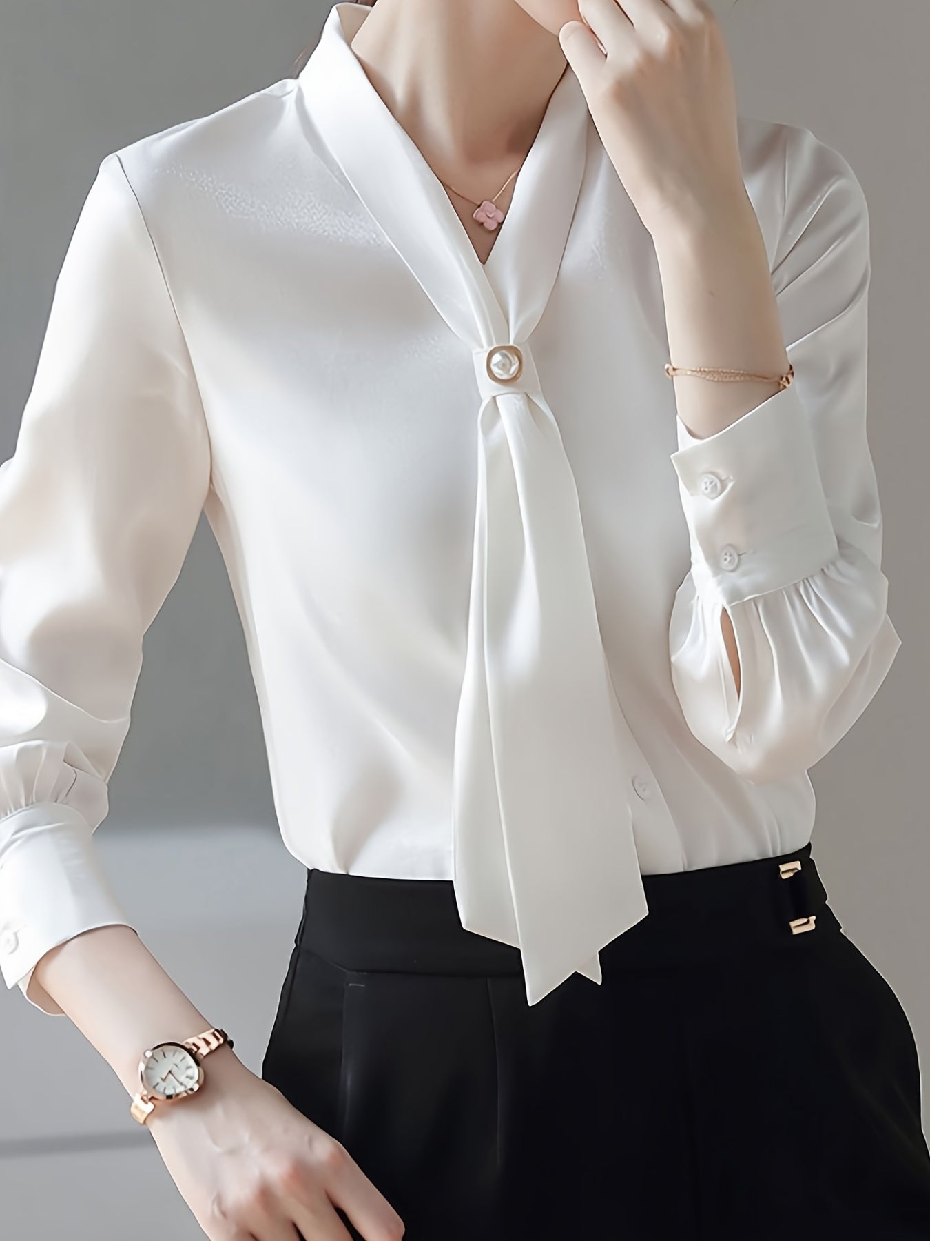 Solid Tie Decor Beaded V-neck Blouse, Elegant Long Sleeve Blouse For Spring & Fall, Women's Clothing