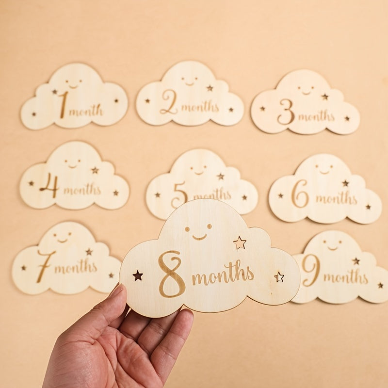 8pcs/set Creative Cloud Milestone Cards, Wooden Milestone Birth Sign, Photography Milestone Card, First Year Growth Card, Pregnancy Journey Milestone Markers For Photo Props