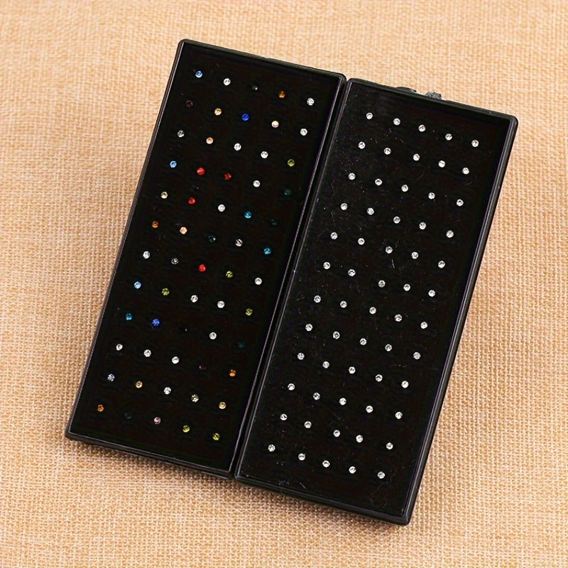 60pcs Inlaid Shiny Zircon Nose Stud Nail Ring Set Silver Plated Stainless Steel Body Piercing Jewelry Set