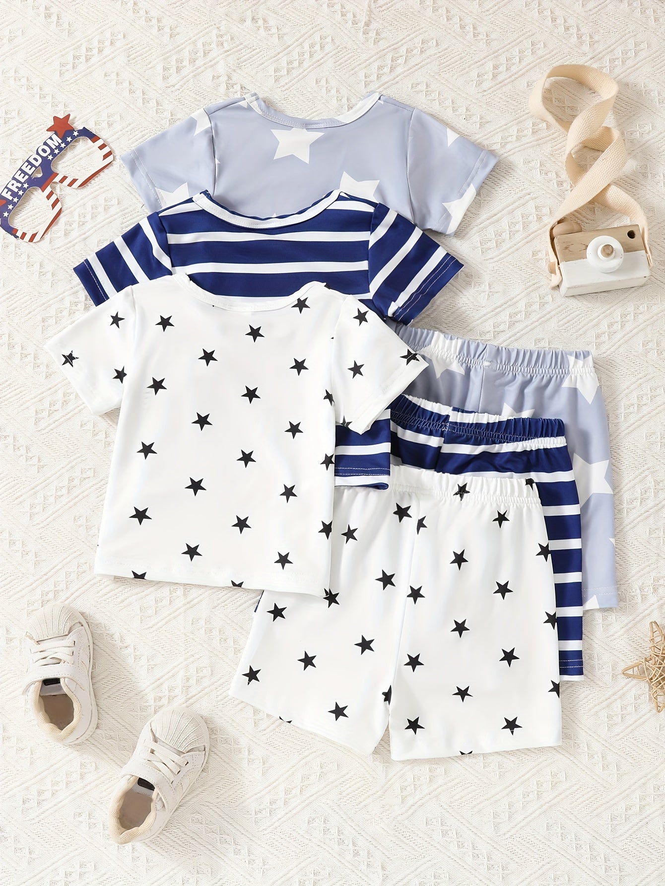 3 Sets Baby Boys Casual Outfit, Stars & Striped Short Sleeve T-shirt & Elastic Waist Shorts Set, Toddlers Summer Clothing