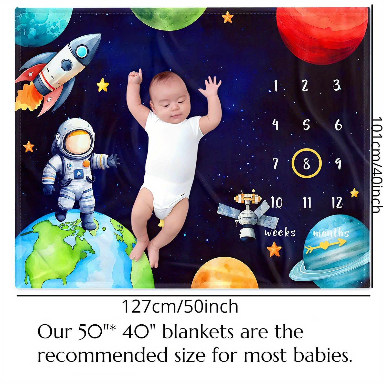 50x40 Adorable Space Rocket Milestone Blanket - Super Soft Monthly Baby Tracker & Photography Background - Ultimate Shower Gift Idea