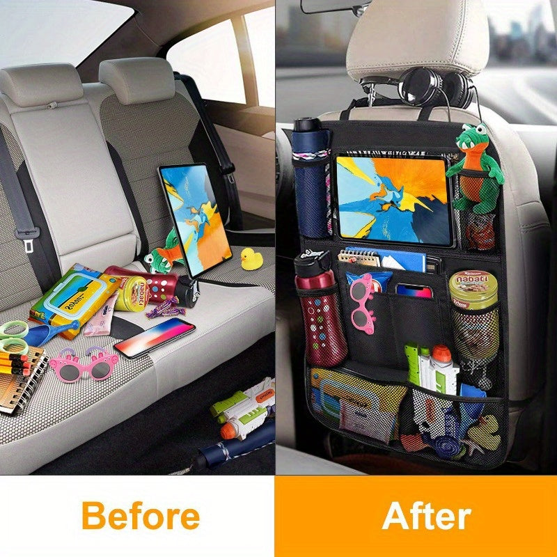 1pc Car Backseat Organizer With Table Holder, Storage Pocket Seat Back Protector Kick Mat, Travel Accessory