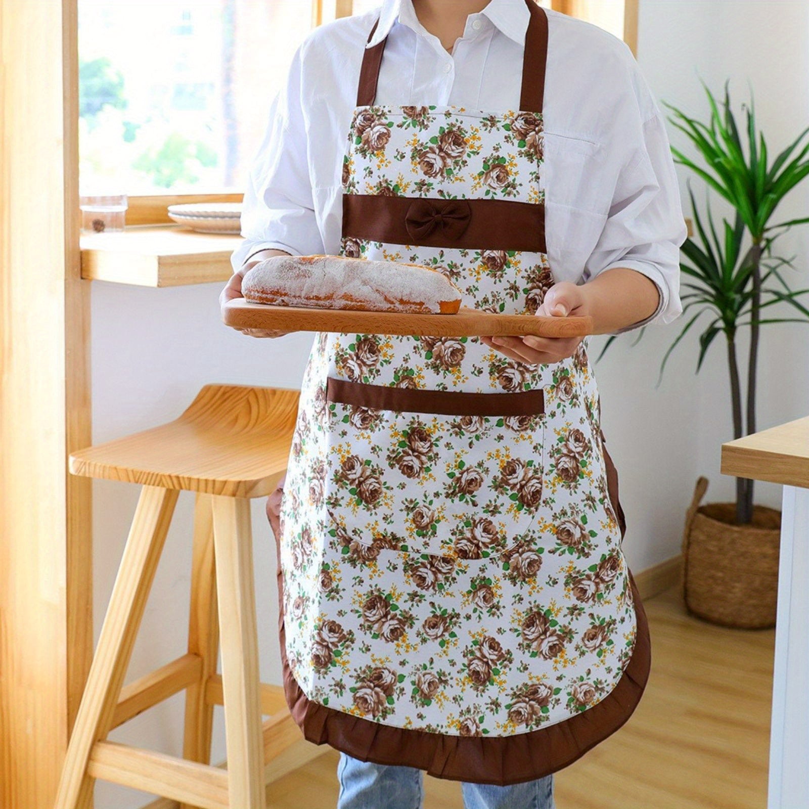 Versatile Floral Apron With Pockets - Adjustable, Breathable & Waterproof For Cooking, Baking, Gardening & More