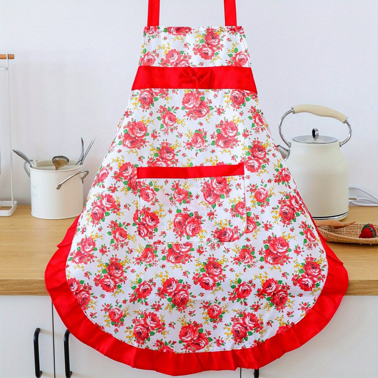 Versatile Floral Apron With Pockets - Adjustable, Breathable & Waterproof For Cooking, Baking, Gardening & More