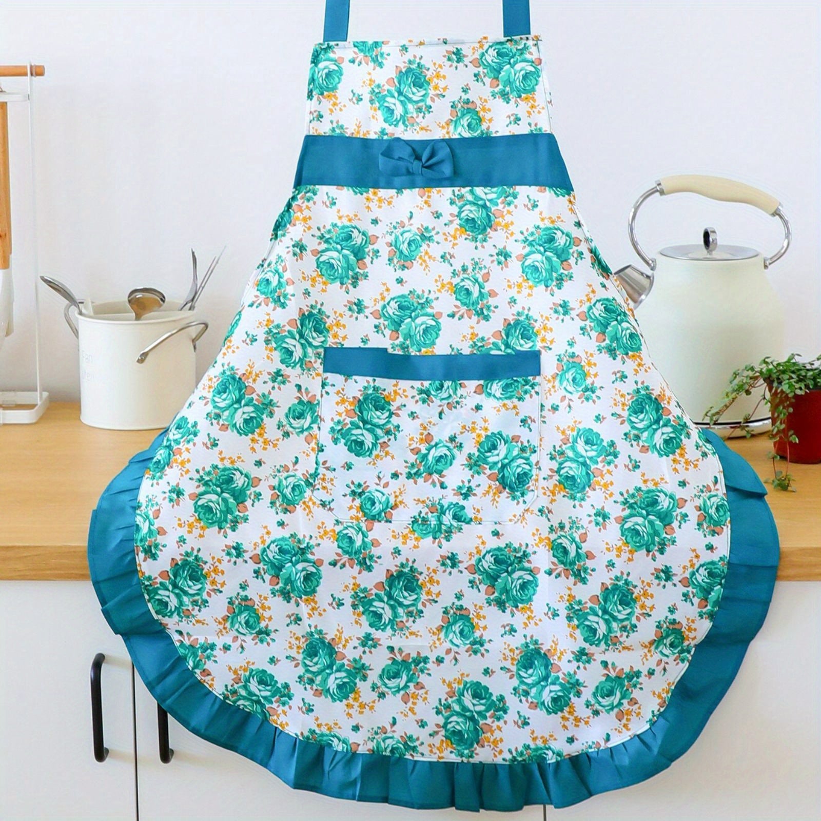 Versatile Floral Apron With Pockets - Adjustable, Breathable & Waterproof For Cooking, Baking, Gardening & More