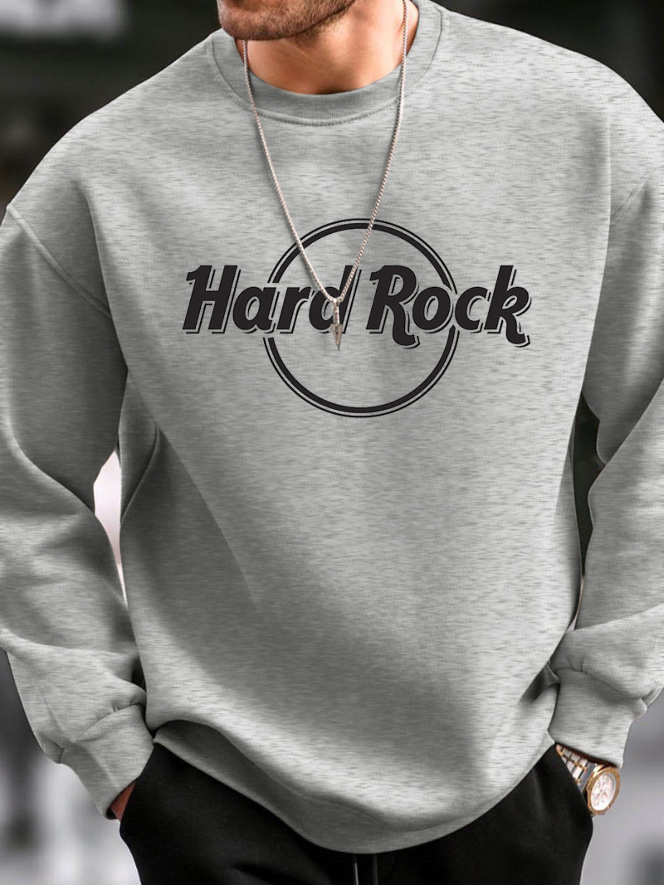 Hard Rock Print Fashionable Men's Casual Long Sleeve Crew Neck Pullover Sweatshirt, Suitable For Outdoor Sports, For Autumn Spring, Can Be Paired With Necklace, As Gifts