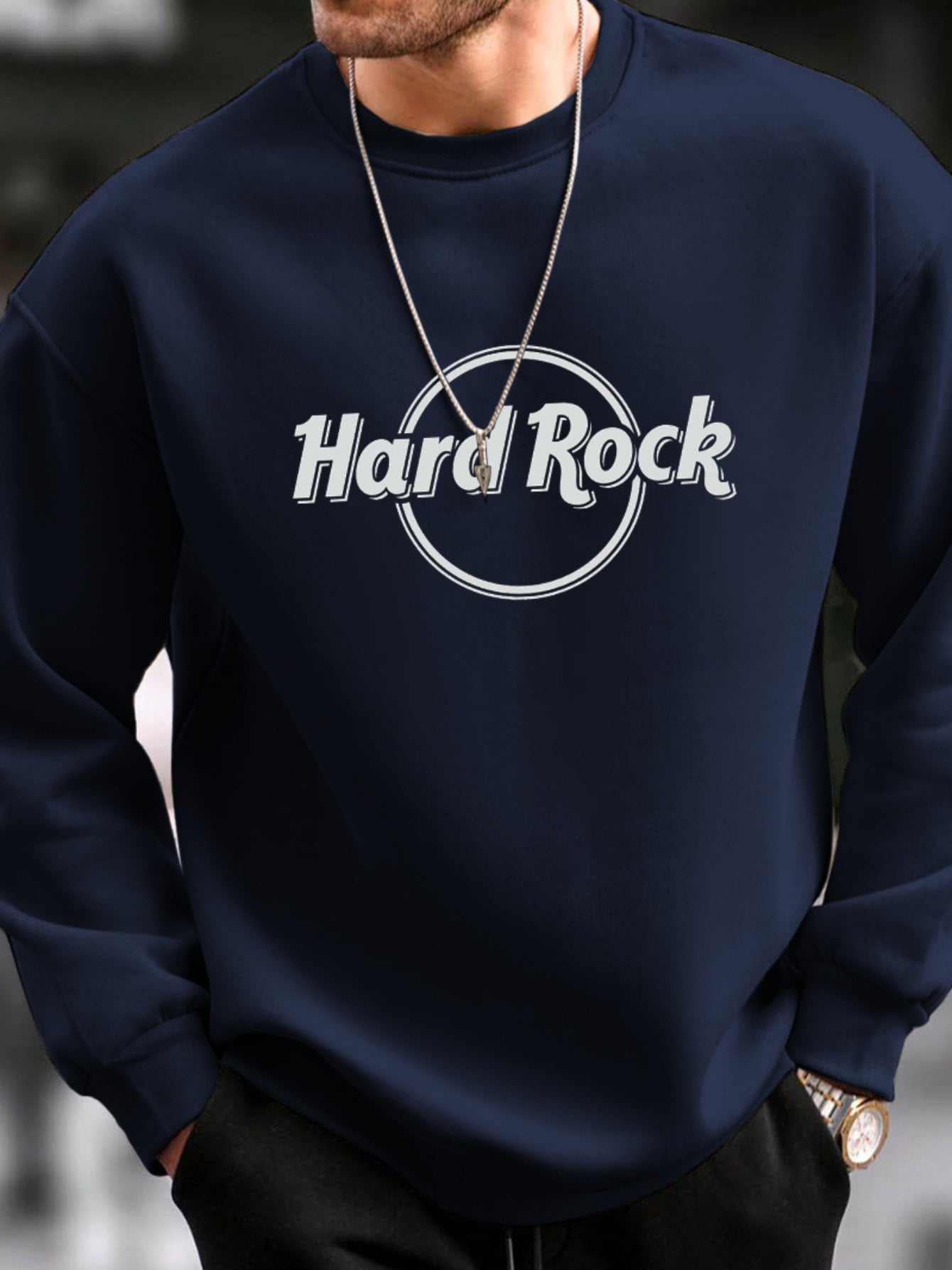 Hard Rock Print Fashionable Men's Casual Long Sleeve Crew Neck Pullover Sweatshirt, Suitable For Outdoor Sports, For Autumn Spring, Can Be Paired With Necklace, As Gifts