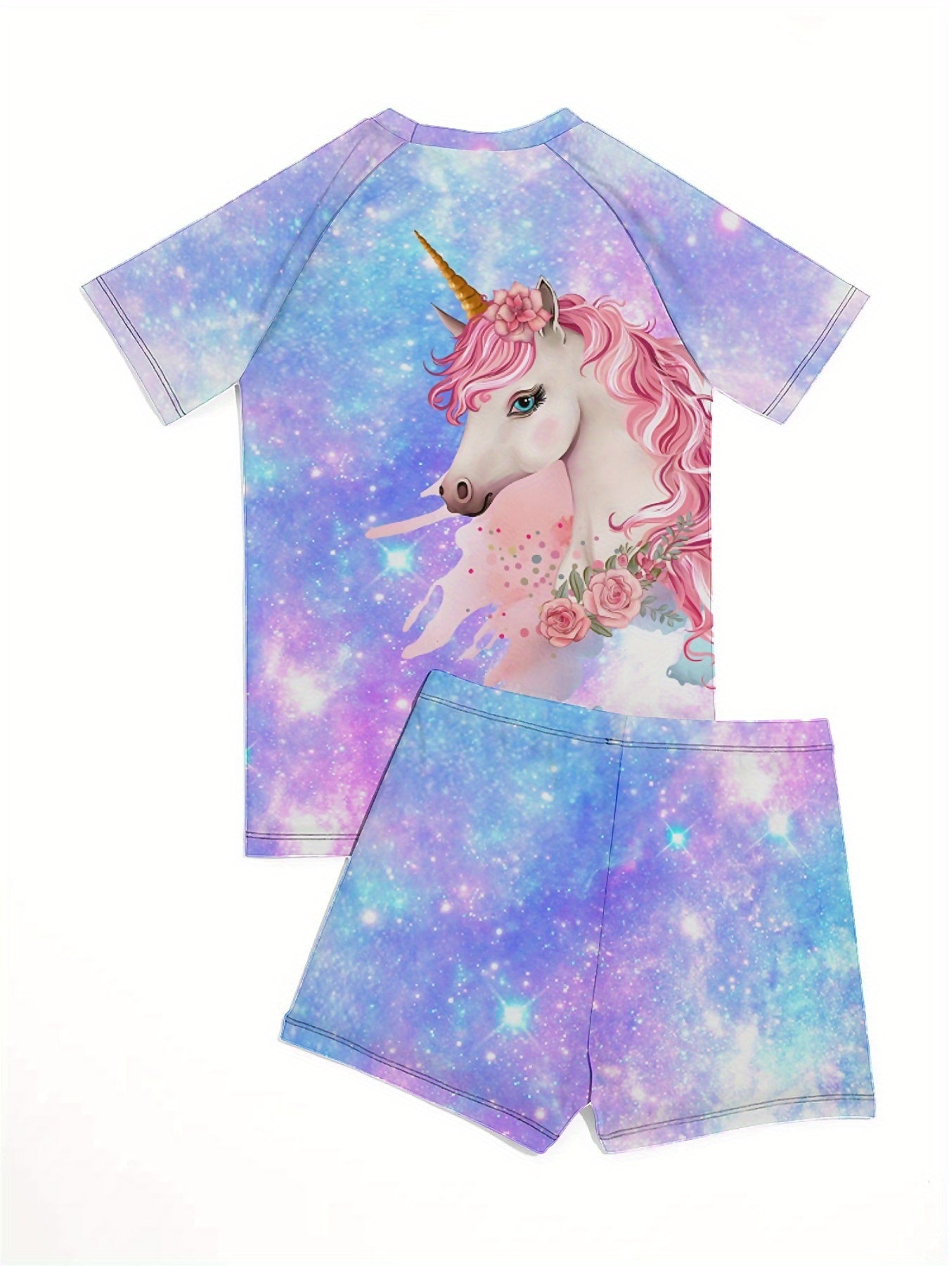 2PCS Starry Unicorn Print Bathing Suit - Complete 2-piece Set with Breathable Short Sleeve Top and Loose-fit Boxer Shorts Swimwear for Girls - Perfect for Pool, Beach, Holiday, Summer Fun and Gift Ideas