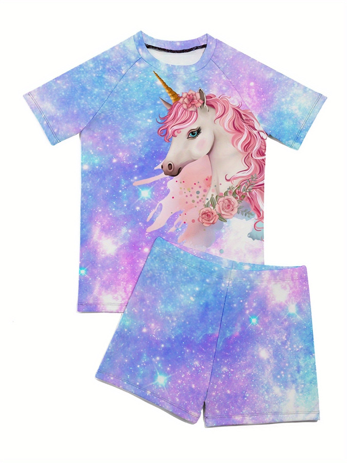 2PCS Starry Unicorn Print Bathing Suit - Complete 2-piece Set with Breathable Short Sleeve Top and Loose-fit Boxer Shorts Swimwear for Girls - Perfect for Pool, Beach, Holiday, Summer Fun and Gift Ideas