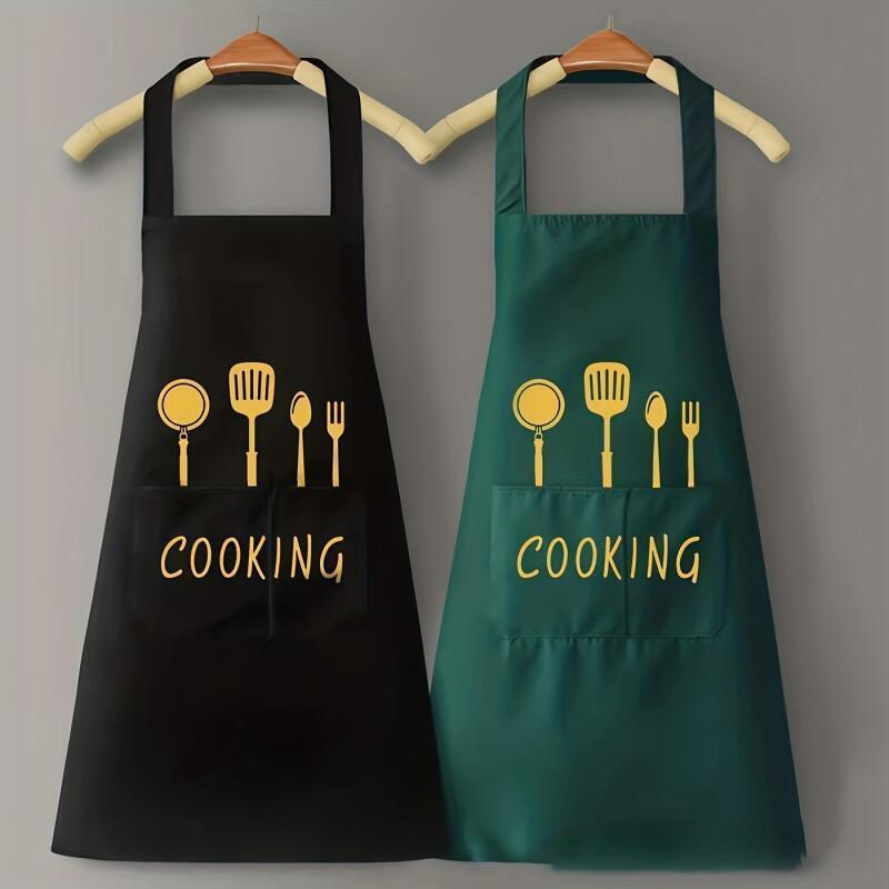 1pc Cooking Apron, Waterproof & Oil-proof Polyester Canvas, Cotton Blend, Adjustable Multipurpose Kitchen Apron with Pockets for Coffee Bar & Restaurant