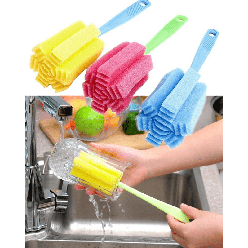 3pcs Random Colors Kitchen Cleaning Tools Set, Sponge Brushes, For Bottles, Coffee And Tea Mugs