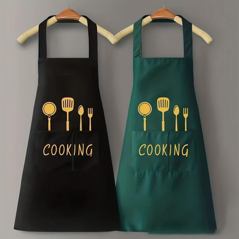 1pc Waterproof and Oil-Proof Cooking Apron with Pockets, Adjustable Multipurpose Polyester Knit Fabric Kitchen Apron for Coffee Bar and Restaurant