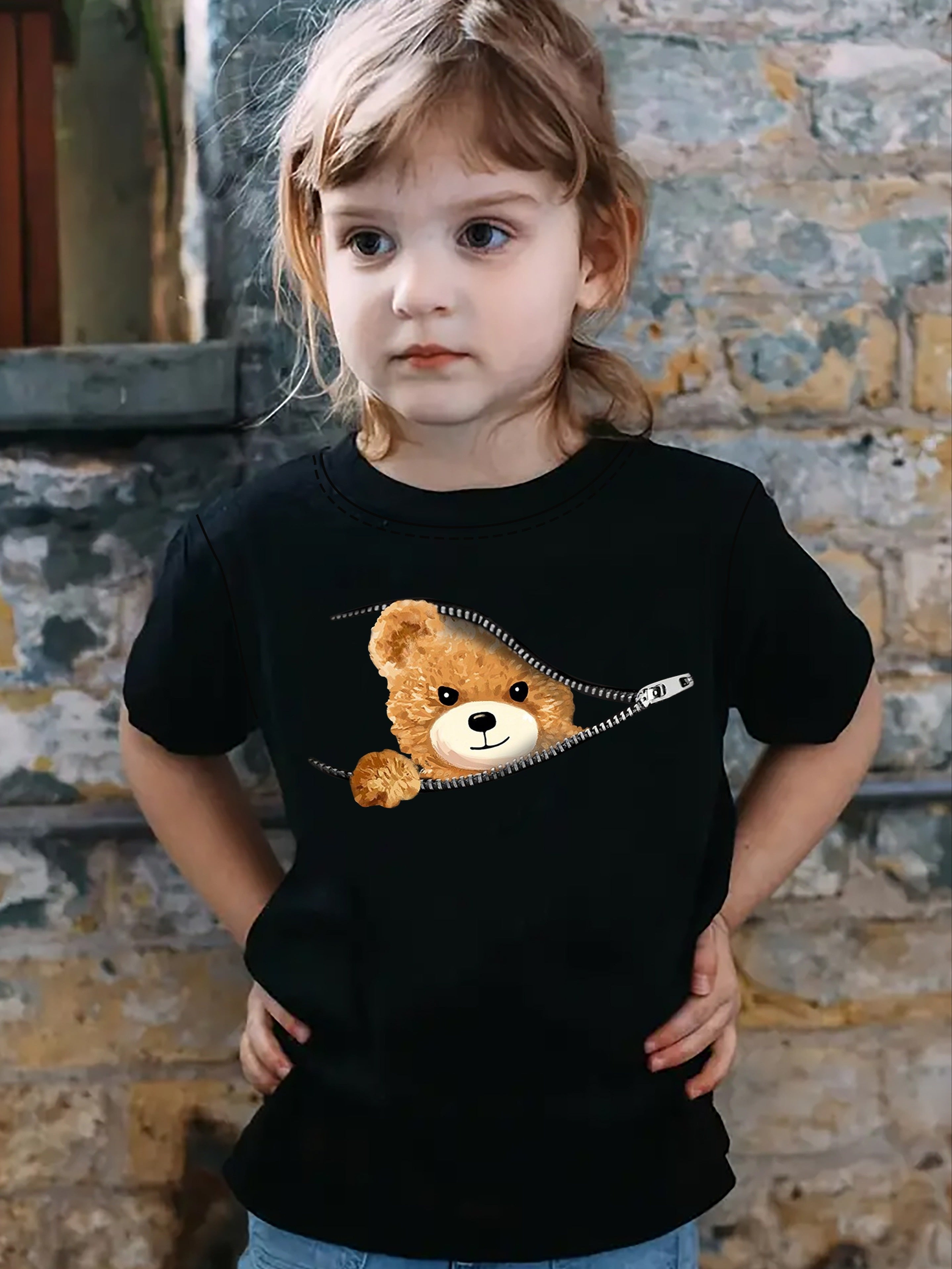 Cartoon Bear Graphic Print Creative T-Shirts, Soft & Elastic Comfy Crew Neck Short Sleeve Tee, Girl's Summer Tops