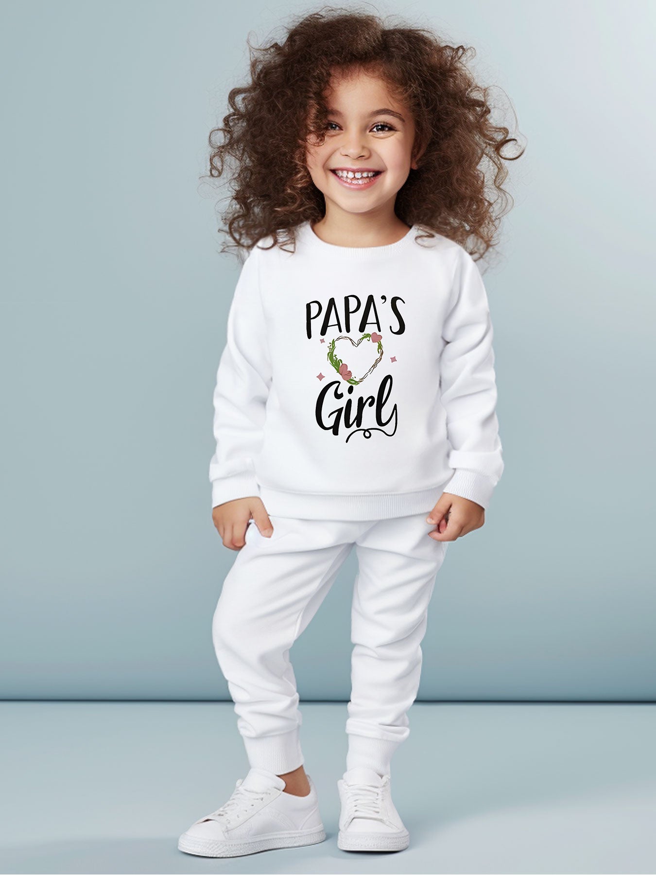 Girls 2-Piece Set, Long Sleeve Round Neck Sweatshirt With Graphic, Solid Color Casual Jogger Pants, Cozy Matching Outfit