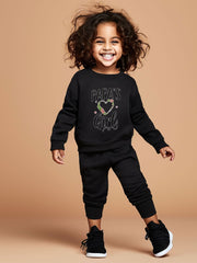 Girls 2-Piece Set, Long Sleeve Round Neck Sweatshirt With Graphic, Solid Color Casual Jogger Pants, Cozy Matching Outfit