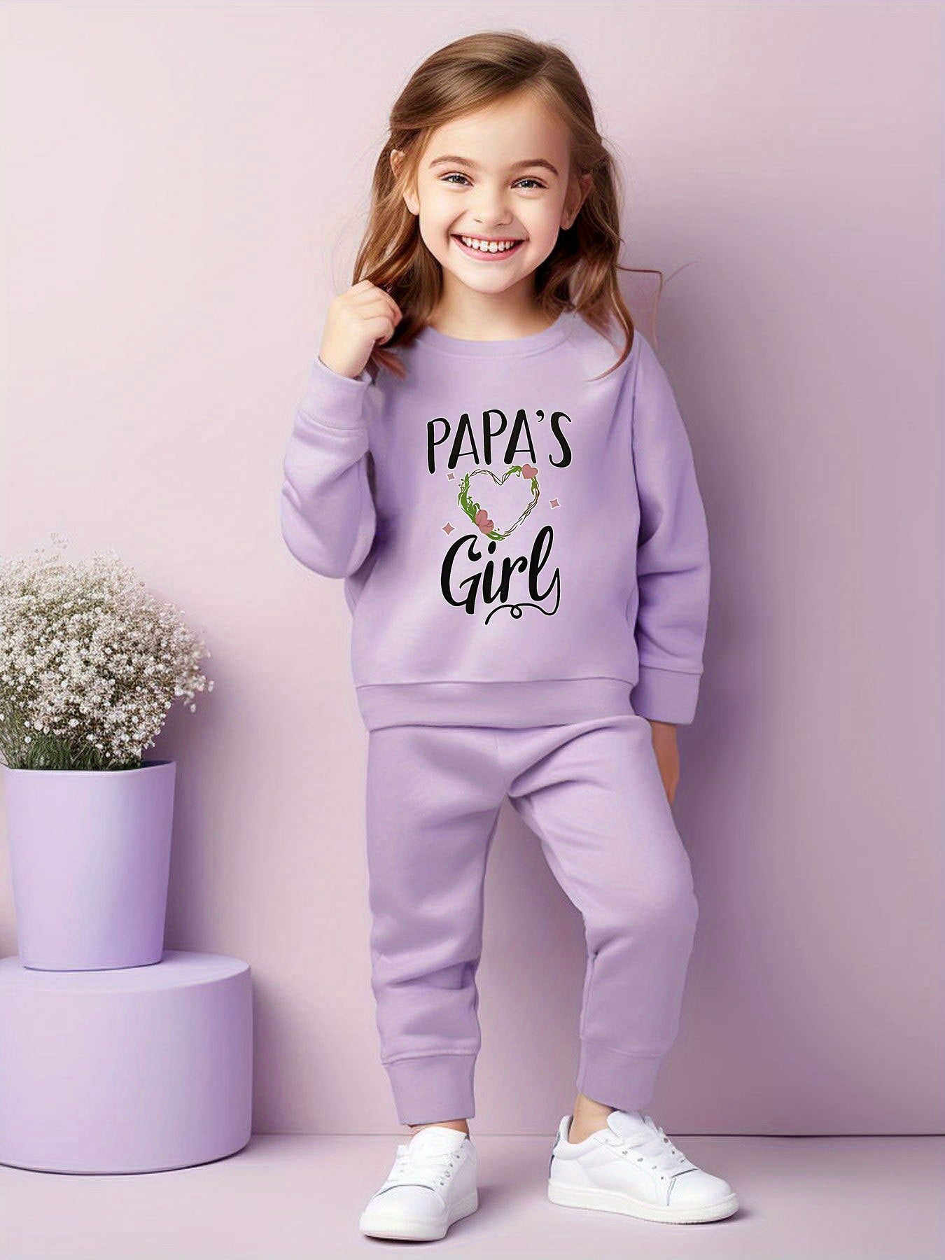 Girls 2-Piece Set, Long Sleeve Round Neck Sweatshirt With Graphic, Solid Color Casual Jogger Pants, Cozy Matching Outfit