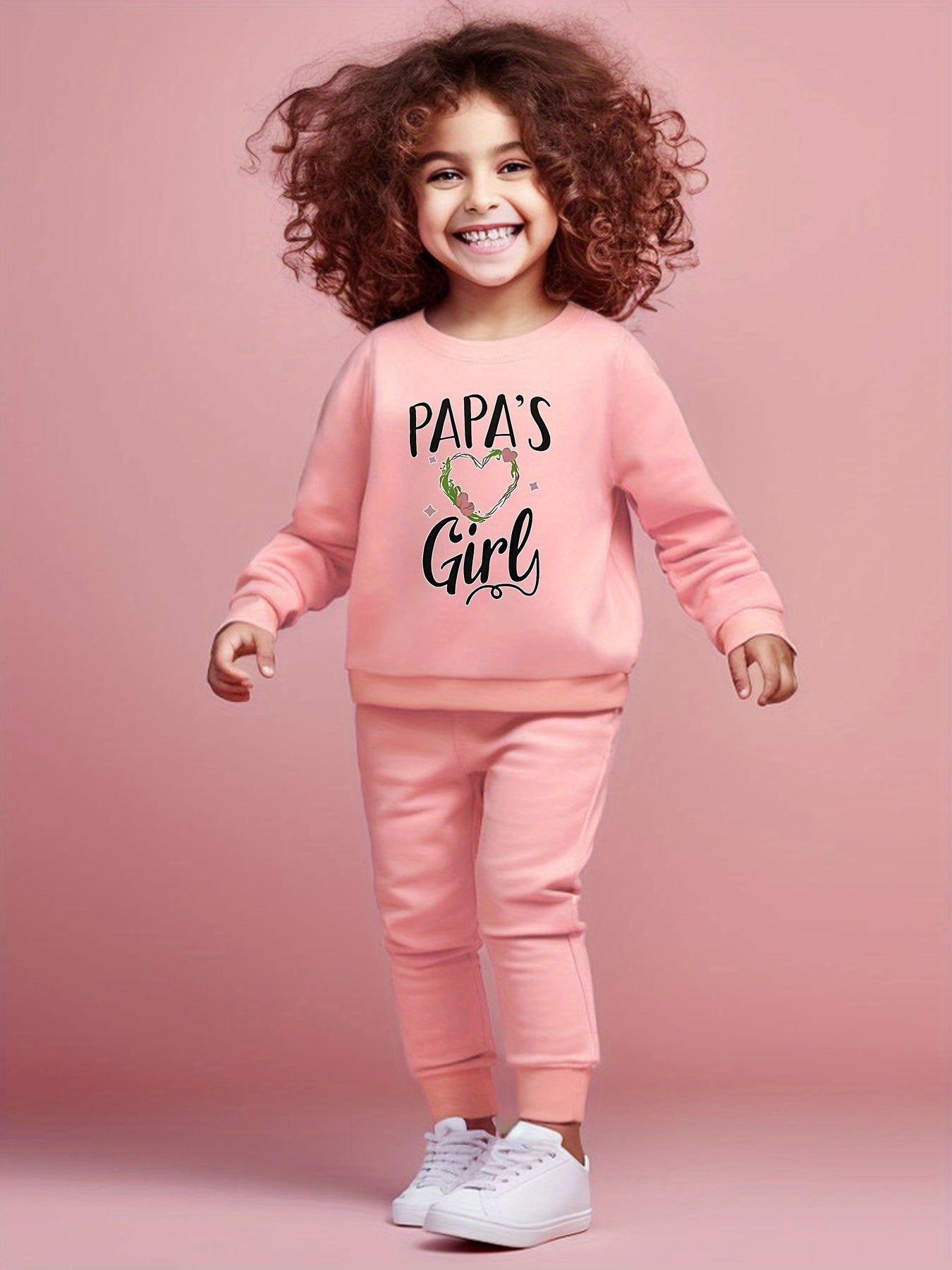 Girls 2-Piece Set, Long Sleeve Round Neck Sweatshirt With Graphic, Solid Color Casual Jogger Pants, Cozy Matching Outfit