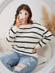 Plus Size Stripe Pattern Color Block Sweater, Casual Drop Shoulder Crew Neck Long Sleeve Sweater For Fall & Winter, Women's Plus Size Clothing