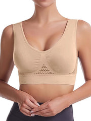 1pc Solid Seamless Hollow Out Mesh Contrast Anti Sagging Tank Bra, Simple Comfy Push Up Bra, Women's Lingerie & Underwear