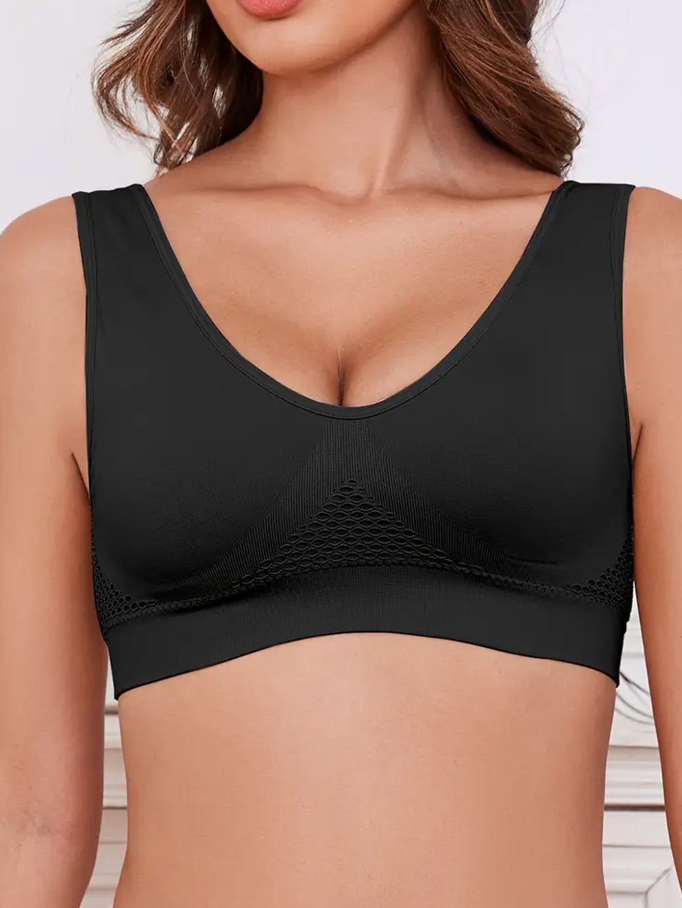 1pc Solid Seamless Hollow Out Mesh Contrast Anti Sagging Tank Bra, Simple Comfy Push Up Bra, Women's Lingerie & Underwear