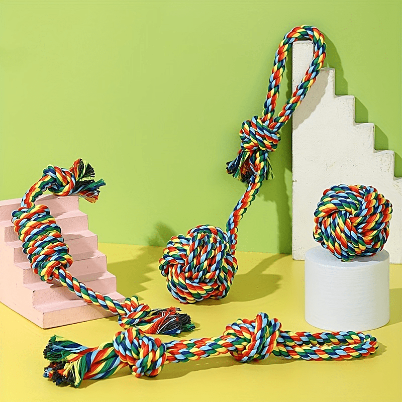 4PCS Heavy-Duty Cotton Blend Dog Rope Toy Set - Durable Chew Toys for Aggressive Chewers, All Breed Sizes, Interactive Tug-of-War, Teeth Cleaning Knots, Rainbow Series Pet Play Products - Kerala Elegance