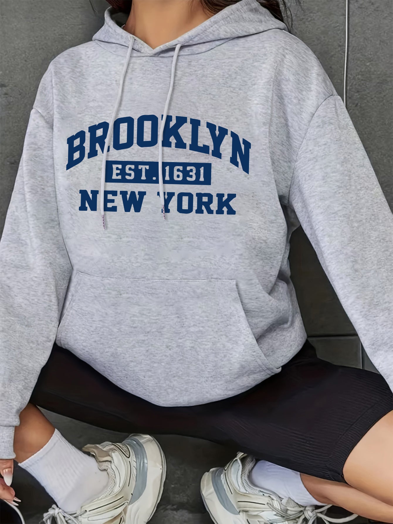 BROOKLYN Print Kangaroo Pocket Hoodie, Casual Long Sleeve Drawstring Hooded Sweatshirt, Women's Clothing