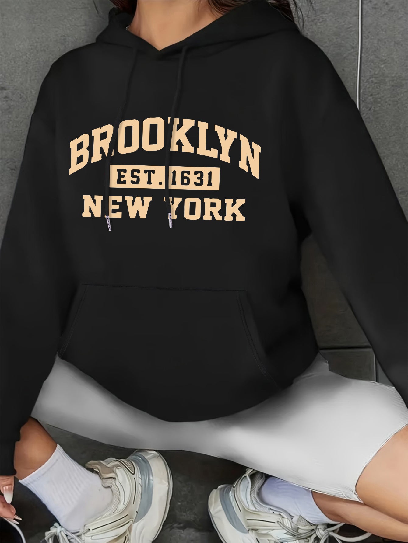 BROOKLYN Print Kangaroo Pocket Hoodie, Casual Long Sleeve Drawstring Hooded Sweatshirt, Women's Clothing