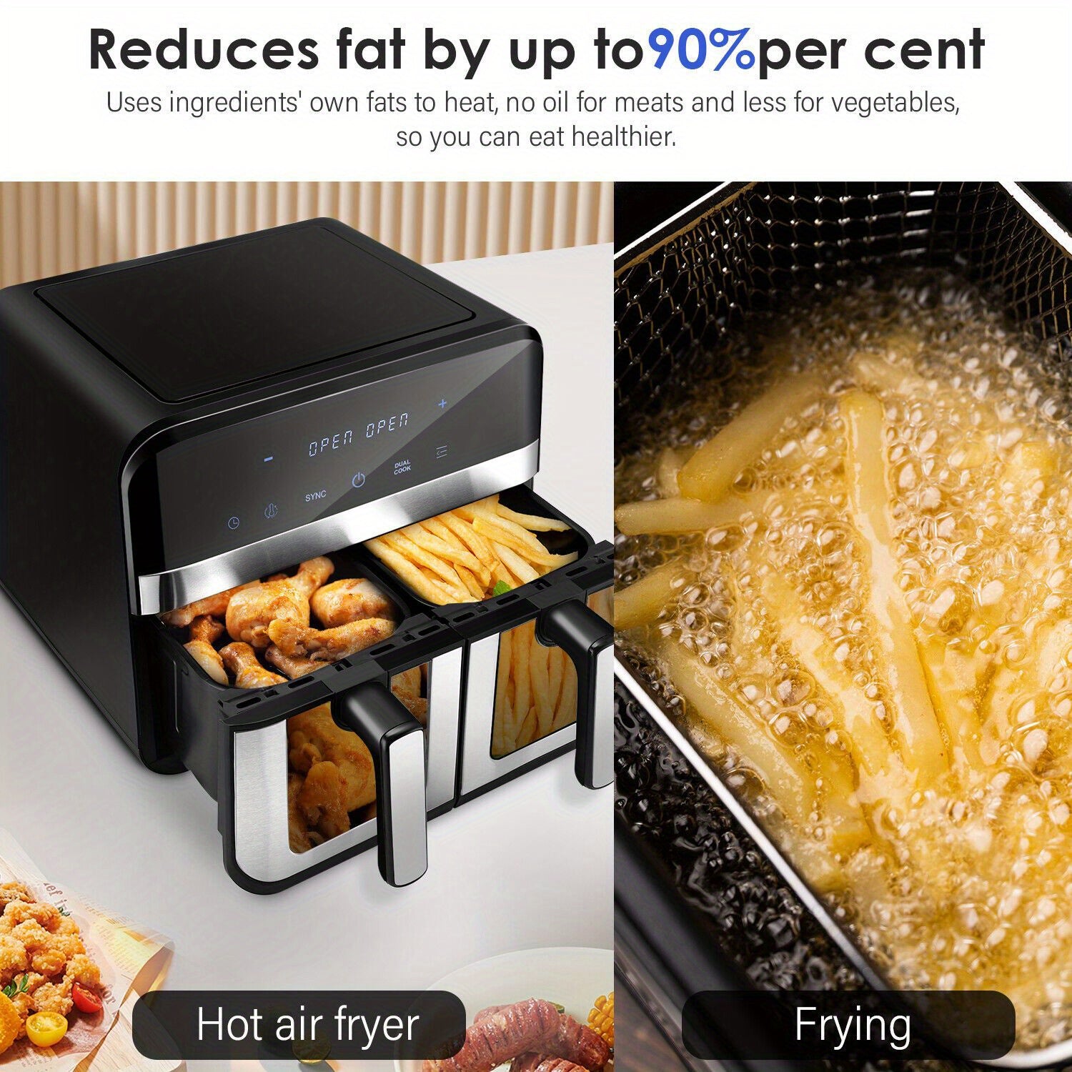 9L Dual Air Fryer with Visual Window, XL Capacity, 2 Drawers, 8-In-1 Cooking Presets, Touch Screen, Smart Finish, Timer Function, Dishwasher-Safe, Healthy Oil Free & Low Fat Cooking