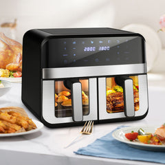 9L Dual Air Fryer with Visual Window, XL Capacity, 2 Drawers, 8-In-1 Cooking Presets, Touch Screen, Smart Finish, Timer Function, Dishwasher-Safe, Healthy Oil Free & Low Fat Cooking