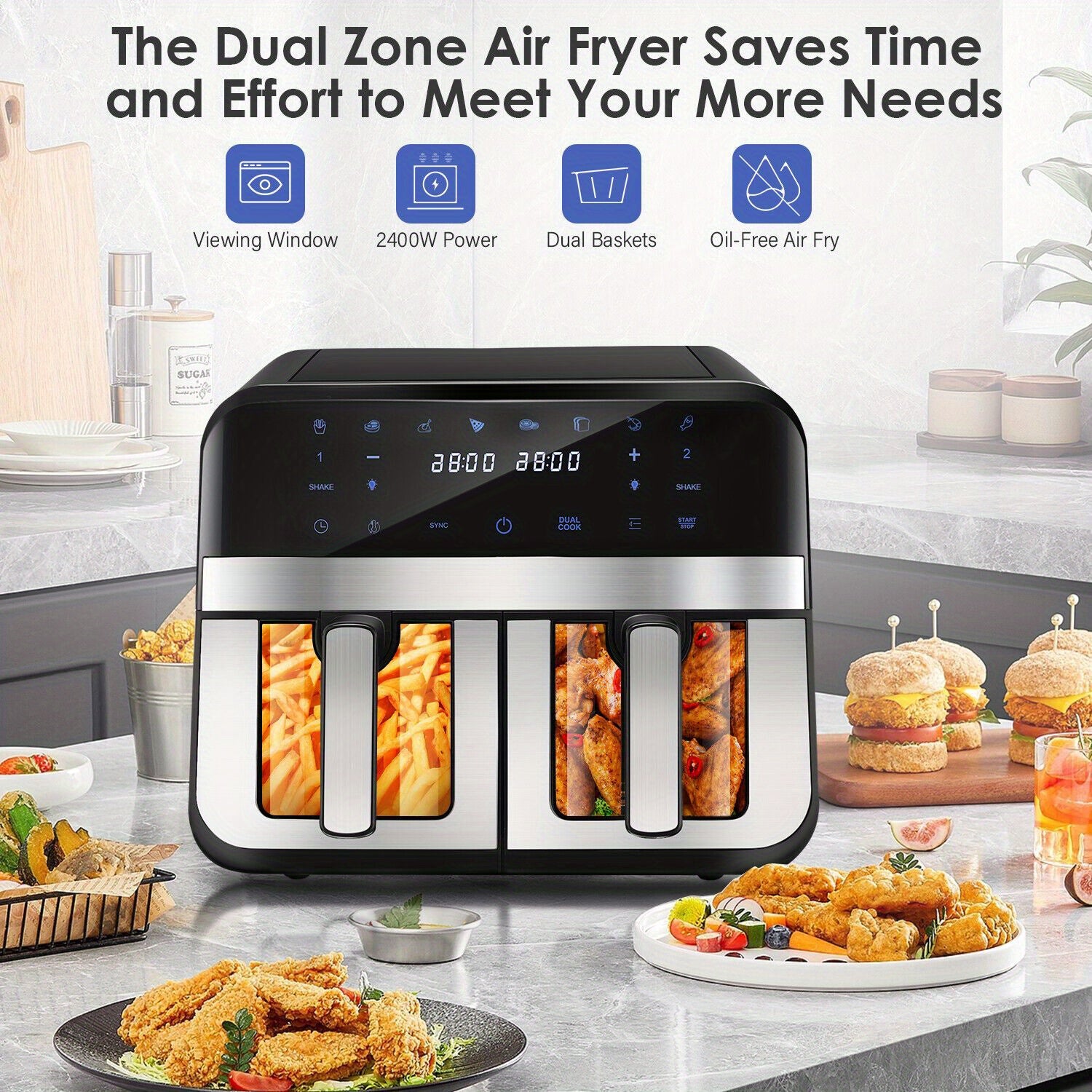 9L Dual Air Fryer with Visual Window, XL Capacity, 2 Drawers, 8-In-1 Cooking Presets, Touch Screen, Smart Finish, Timer Function, Dishwasher-Safe, Healthy Oil Free & Low Fat Cooking