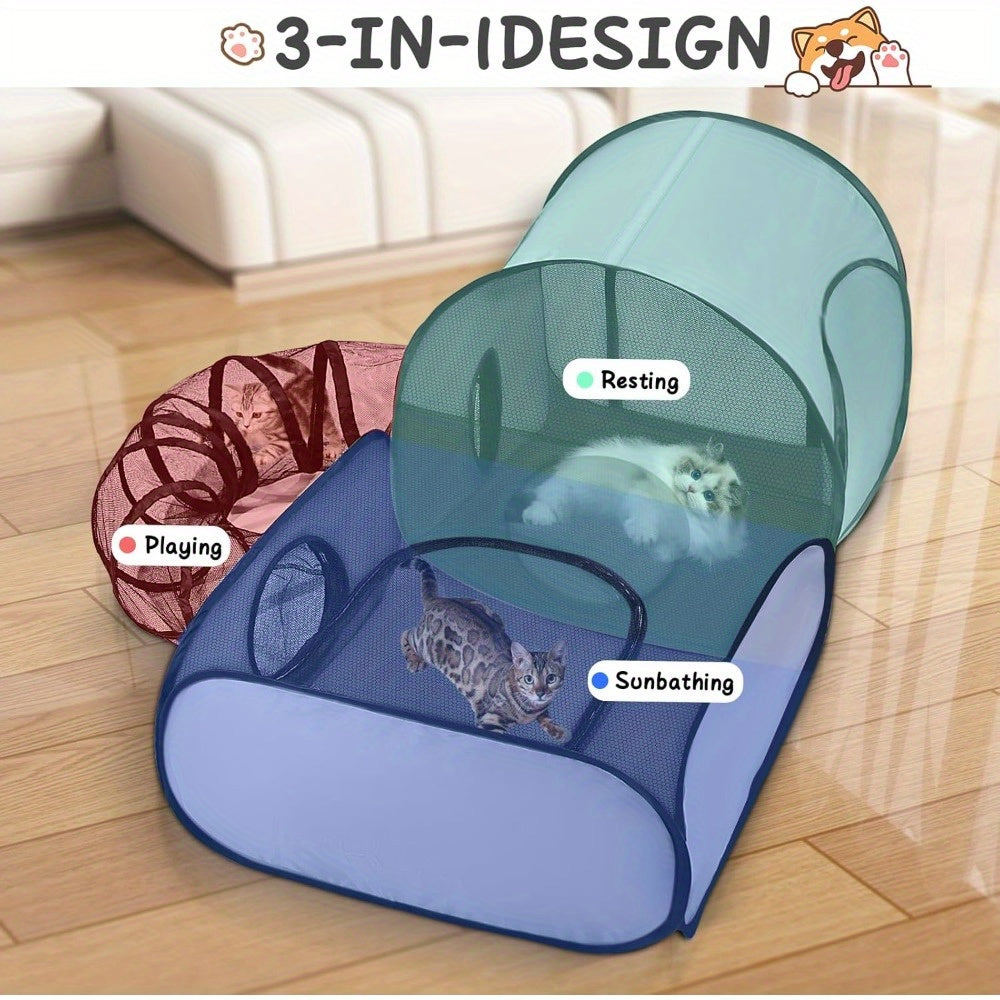 Portable Cat Playpen With Tunnel - Breathable & Soft Cotton Blend, Indoor/Outdoor Pet Fence For Cats And Small Animals, Includes Carry Bag - Kerala Elegance