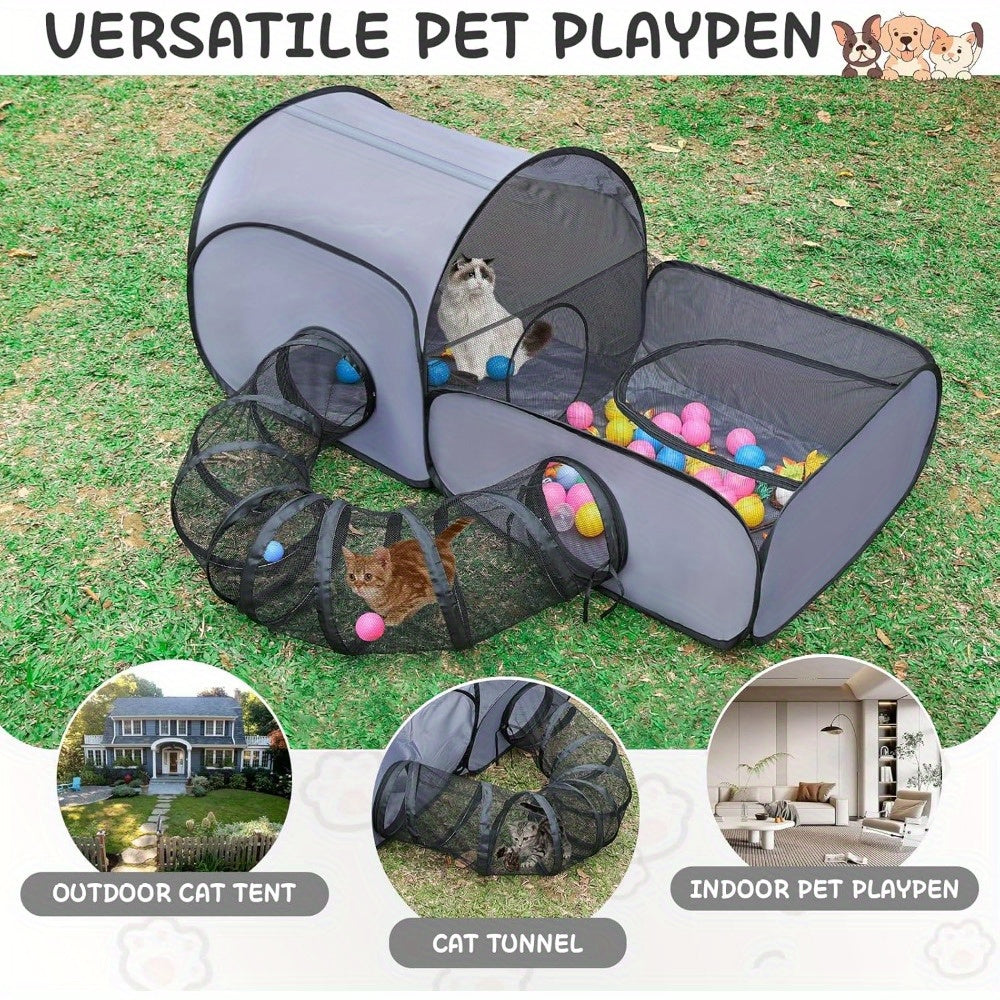 Portable Cat Playpen With Tunnel - Breathable & Soft Cotton Blend, Indoor/Outdoor Pet Fence For Cats And Small Animals, Includes Carry Bag - Kerala Elegance