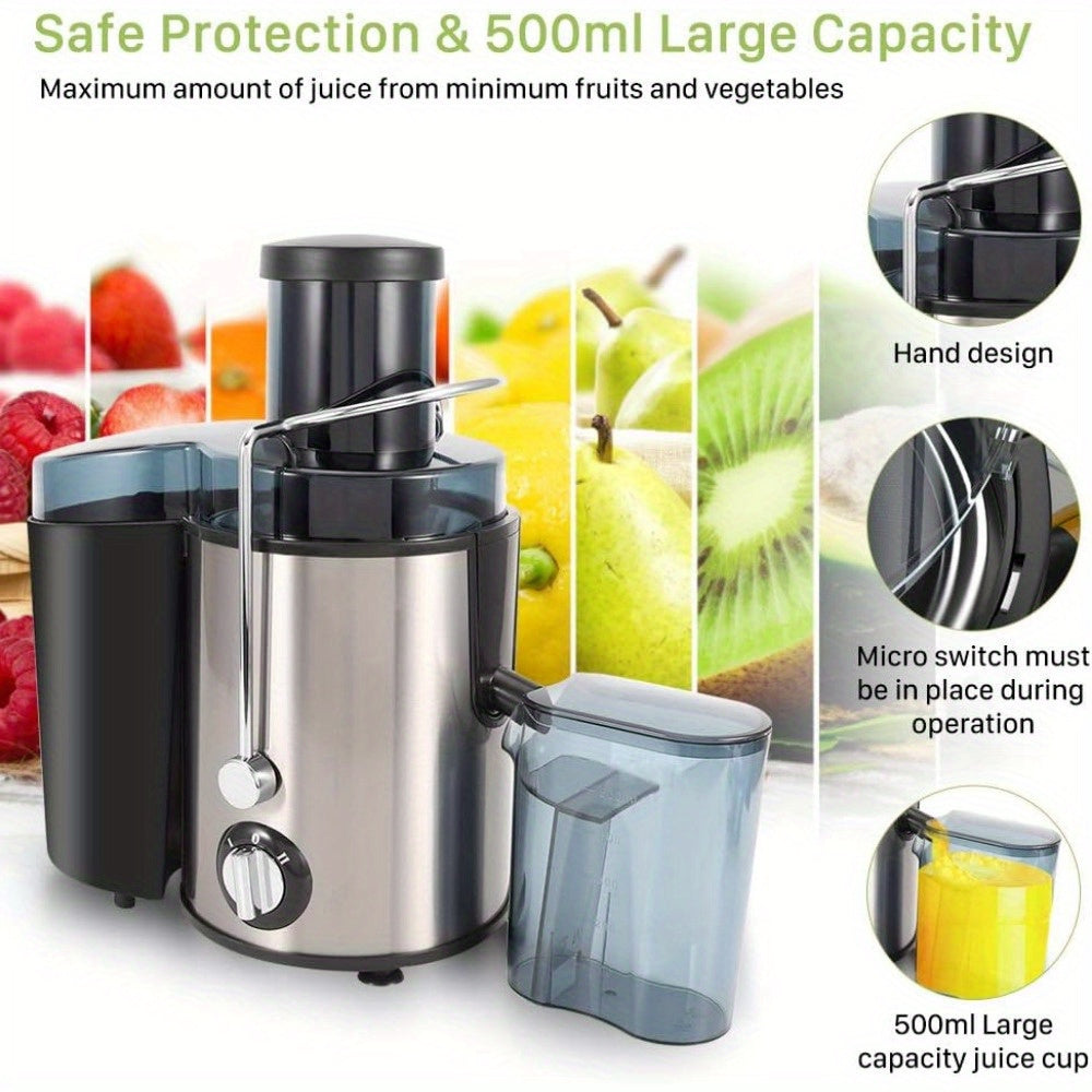 Cocosity Juicer, 500ml Food Grade Stainless Steel Centrifugal Juicer Slow Juicer Masticating Machine with 75mm Large Feeding Tube High Efficiency 2 Level Adjustable Speed Juice Making