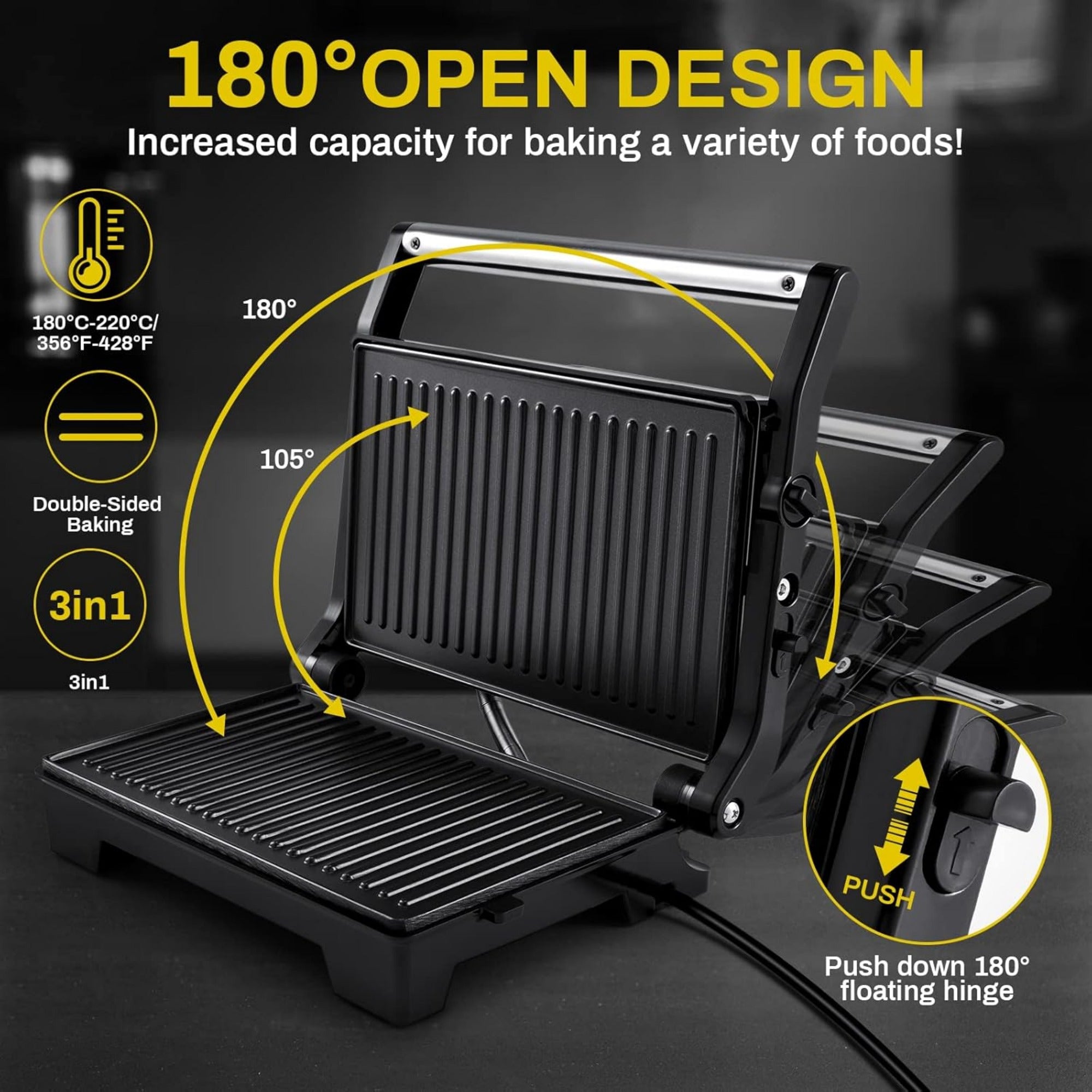 Panini Press, Sandwich Toaster with Non-Stick Plates, Toastie Maker Open 105° & 180°, Electric Grill with Automatic Temperature Control, 1000 W, Black